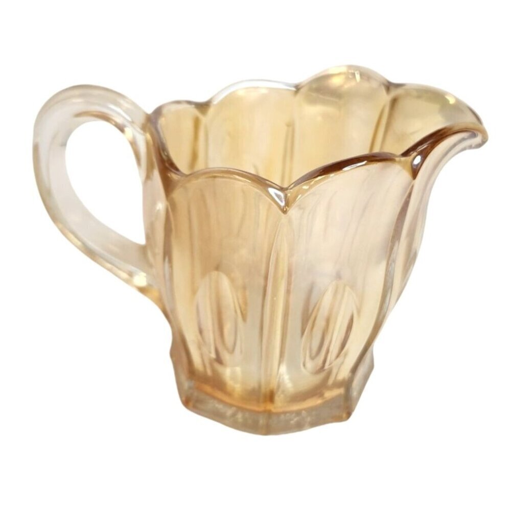 Dugan Marigold Carnival Glass Creamer, Long Thumbprint Pattern Scalloped Edges